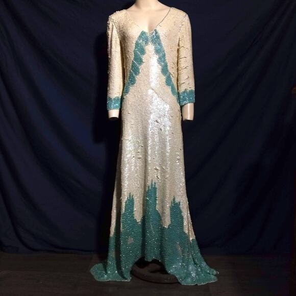 Vintage Art Deco Sequin Beaded Gown Cream Green M Ballroom Pageant Competition - Picture 15 of 15